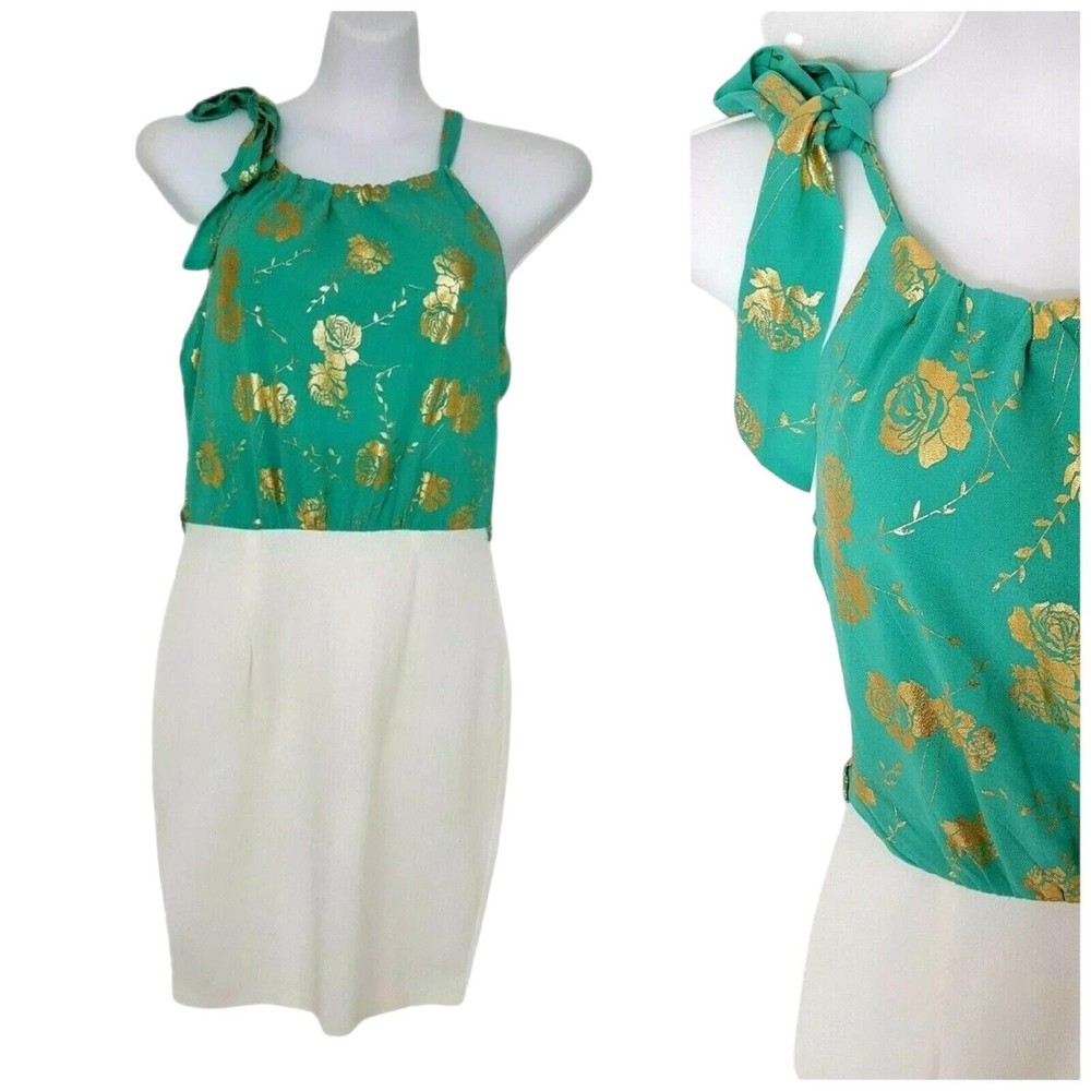 Naranka Womens Sun Dress Size Large Sleeveless Green Gold Foil White